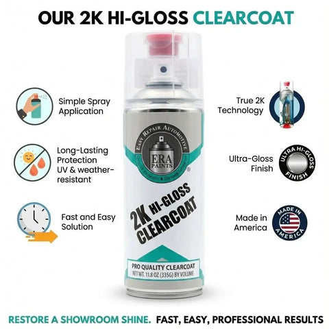 Front view of 2K High Gloss Clear Coat Spray With Catalyst Activated Formula Pro Grade Finish can with application features.