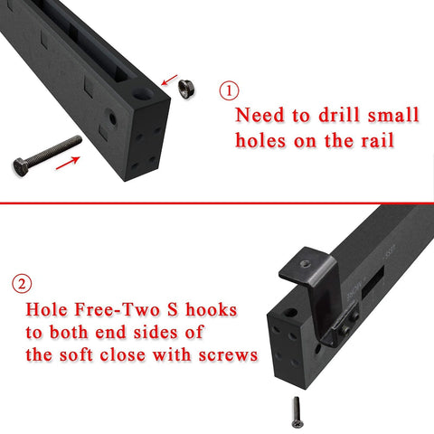 Stainless Steel Barn Door Soft Close Mechanism Kit With Adjustable Tension Spring Damper And Included Actuator Spacers, rail and screws close-up.