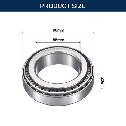 32011 Tapered Roller Bearing Cone And Cup Set Ready To Roll 55Mm Bore 90Mm OD 20Mm Cup Width Chrome Steel ABEC 3 Pre Lubricated Heavy Duty Bearings For Machinery And DIY Projects, showing product measurements.