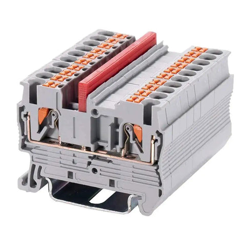 Close-up of No Fuss Push In Din Rail Terminal Block Screwless 2.5mm PT Type with cover end stop and durable PA66 housing