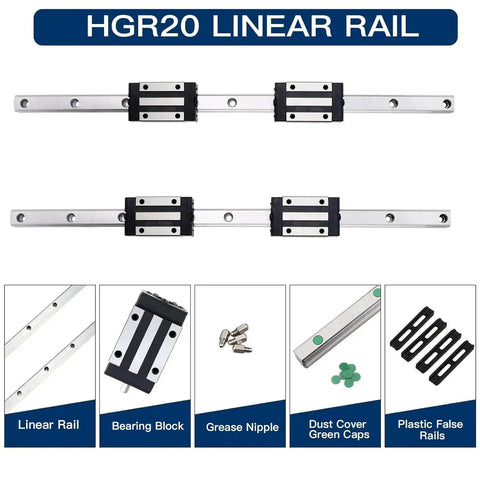Two Pack 400mm HGR20 Linear Guide Rails With Four Bearing Blocks And One 400mm SFU1204 Ball Screw Kit components displayed
