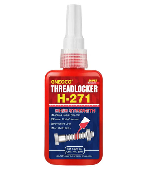 Heavy Duty Red Thread Locker For Nuts Bolts And Metal Fasteners, High Strength Lock Tight Adhesive That Prevents Loosening And Rust, Anaerobic Cure For Quick Bond, Easy 20 Minute Initial Cure, Long Lasting Protection, 50ml H271, red bottle front view