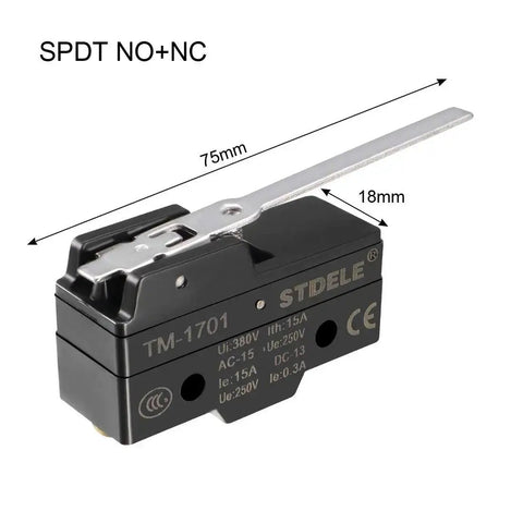 SPDT Micro Limit Switch With Long Hinge Lever, 1NO 1NC, Screw Terminals, For AC DC Control Circuits, IP40 Protection, Ui 380V Ith 15A