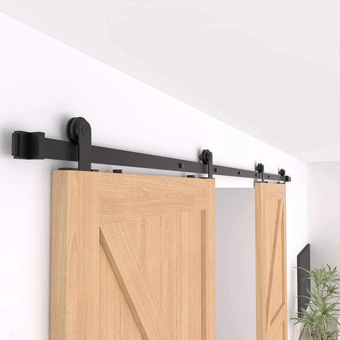 6.6Ft Antique Top Mount Double Sliding Barn Door Hardware Cabinet Kit Black Finish With 79.2In Track installed on doors
