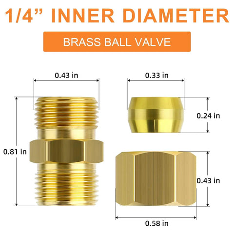 Brass Compression Tube Fitting Connector 10 Pcs 1 Quarter Inch OD dimensions illustration with sealing properties for various lines