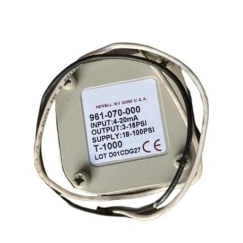 Front view of a metal electric proportional valve T-1000; label shows 4–20mA input, 3–16 psi output, 18–100 psi supply.