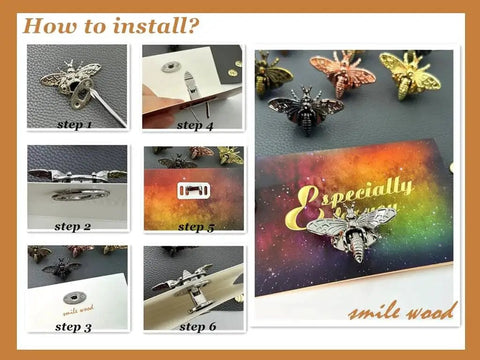 Installation steps for Bee Shaped Turn Lock Clasp Set for Purses and Handbags, 5 Pack Includes Daisy Keychain, Dark Tone Metal Latch Hardware for DIY Purse Making. Images show step-by-step assembly process on a card.
