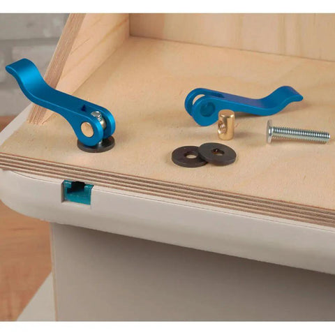 Pro Grade Cam Lever Woodworking Clamp With Quick Release For No Fuss Adjustments, shown with washer and dowel on table