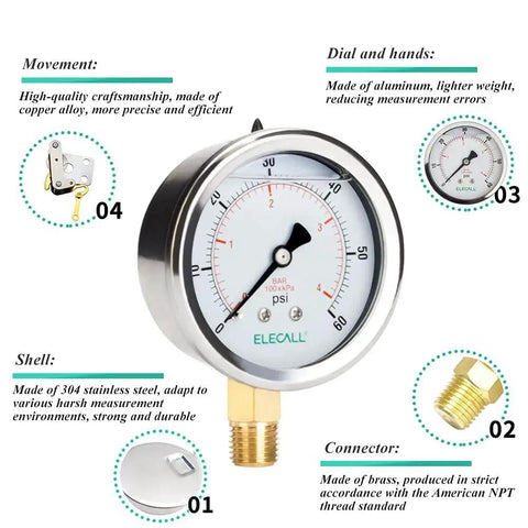 60 Psi Silicone Oil Filled Pressure Gauge for Water Oil and Air Systems with a Two and a Half Inch Stainless Steel Case and Lower Mount NPT