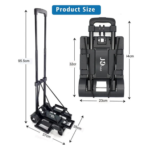 Ultra-compact, lightweight folding hand truck that folds to 17.3 x 9.1 x 3.15 inches and weighs 2.9 lbs, side and folded view
