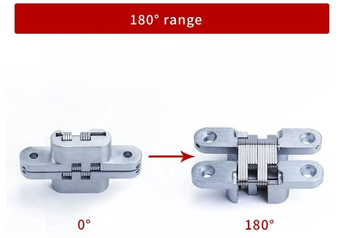 Hidden Door Hinge Set Stainless Steel Hidden Barrel for Wooden Doors and Cabinets showing 0° to 180° open range