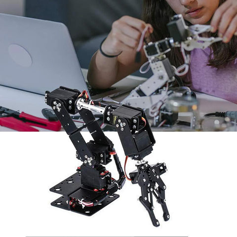 Arm mechanical robotic clamp claw kit, 6DOF metal robot arm with jointed black frame and base plate.