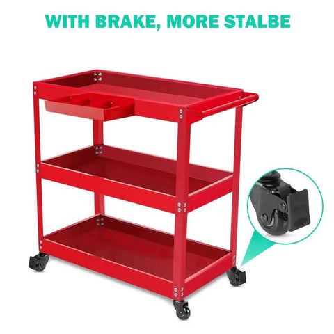 Red utility cart with two inch swivel caster wheels with three eighths inch 16 UNC threaded stem for carts, including a brake lock feature.