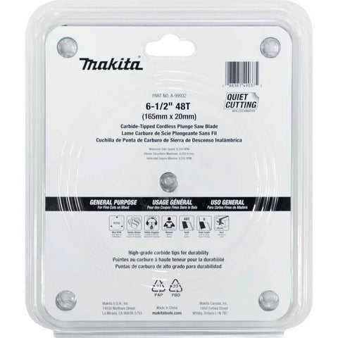 6.5 Inch 48T Carbide Tipped Cordless Plunge Saw Blade For Woodworking, Delivers Clean Fine Cuts On Makita Cordless Plunge Saws