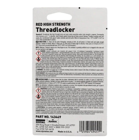 Packaging back of Red High Strength Thread Locker For Nut And Bolt Assemblies, showing instructions and product details, 6ml.