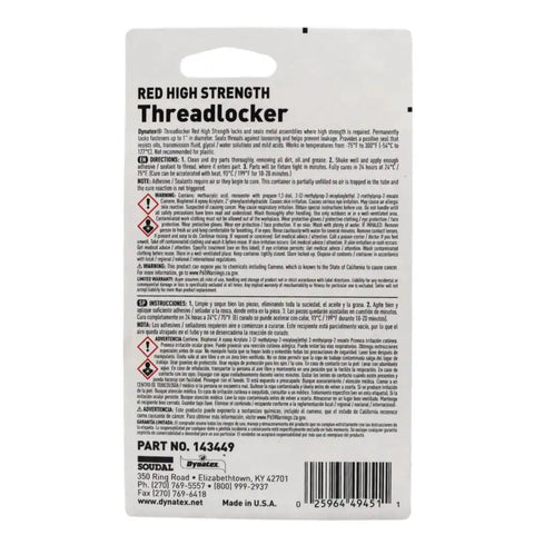 Back view of Red High Strength Thread Locker For Large Fasteners, 0.20 Oz Bottle packaging with instructions and safety warnings