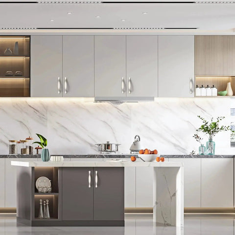 Modern kitchen with 10 Pack 3 Inch Brushed Satin Nickel Cabinet Handles Set For Kitchen Cupboards And Drawers installed on cabinets.