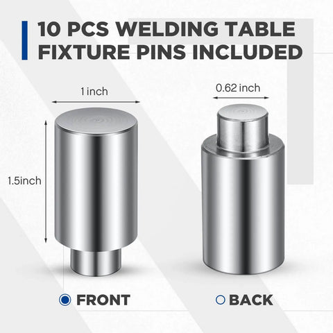 Ten Pack Welding Table Fixture Pins Five Eighths Inch By One Inch By One And A Half Inch Stop Alignment Square For Quick Setup Fixturing Kit And Essential Welding Table Accessories front and back view