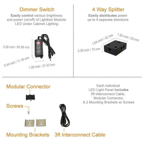 Components of the 6 Inch Cool White Modular LED Under Cabinet Lighting Pro Kit With 12 Panels, including dimmer, splitter, connectors, and cables.
