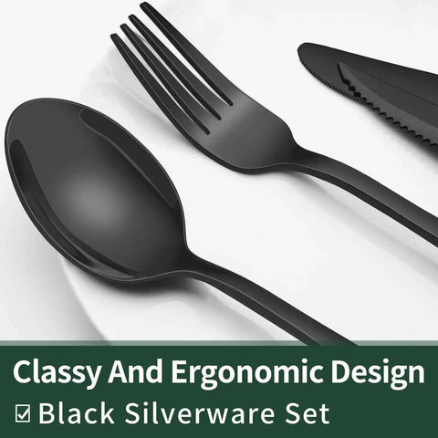 Black Flatware Set For 4 With Steak Knives 24 Piece Stainless Steel Cutlery Food Grade with fork, spoon, and knife on plate