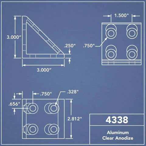 Technical drawing of 8 Hole Aluminum Inside Corner Gusset L Bracket For 80/20 Extrusion Systems with dimensions and clear anodize finish.