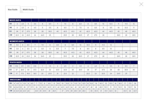 Shoe size chart for US, UK, EU, and CM measurements for men's, women's, youth, and wrestling sizes.