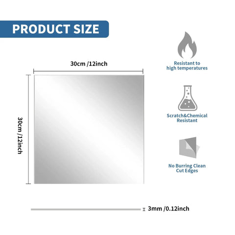 Five Pack 12x12 Inch Silver Mirrored Acrylic Sheets One Eighth Inch Thick For Laser Cutting Crafts Dope DIY Projects And Art Displays Glossy Mirror Sheets With Protective Film On Both Sides KEJJNYER size and features displayed.