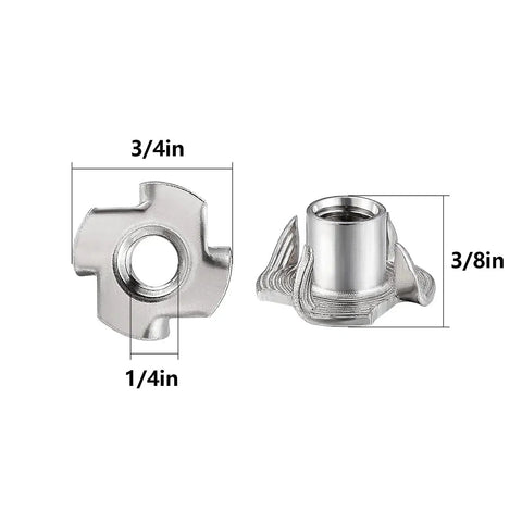 304 Stainless T Nut 100 Pack Four Jaw Quarter Inch 20 Thread For Home Outdoor, close-up of front and side view with dimensions