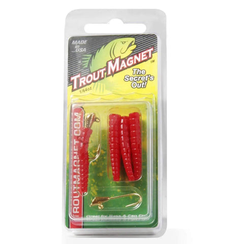 Trout Magnet Yellow One Sixty Fourth Ounce Shad Dart Head Fishing Lure with plastic bodies and hooks in packaging.