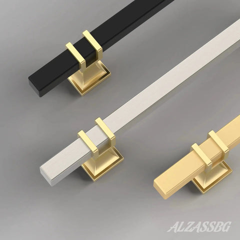 Three square cabinet handles in black, silver, and gold showing Ten Pack Gold Cabinet Pulls With Six And One Quarter Inch Hole Centers