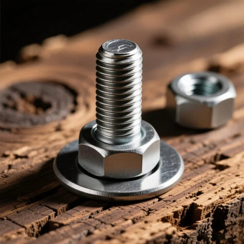 304 stainless steel M5 bolt with flat washer and hex nut on wooden surface