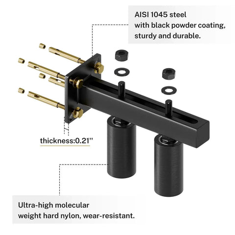 Adjustable 3 Inch Slide Gate Guide Roller System With Rust Proof Heavy Duty Steel Gate Support Assembly And Dual Hard Nylon Guiders For Anti Tipping Sliding Gates Up To 4 Inches Universal T Shaped Bracket Made From AISI 1045 Steel, showing black steel bracket and nylon rollers.
