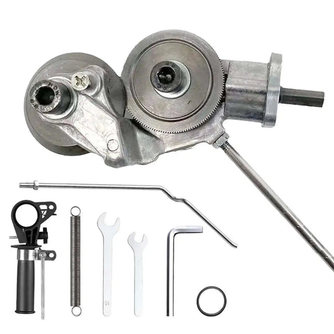 Powerful Electric Drill Plate Cutter Attachment For DIY Sheet Metal Cutting with adapter, wrenches, and gear discs visible
