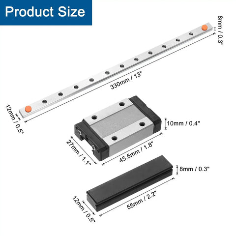 MGN12 330mm Linear Guide Rail With MGN12H Carriage Block and Mini Guide showing dimensions for DIY 3D printers and CNC machines.