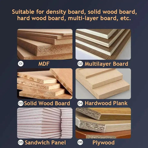 Image showing various wood boards suitable for use with Up Down Cut Carbide End Mills For CNC Router Bits One Eighth Inch Shank Two Flute Spiral Dope Cutting Compression Cutter For Engraving And Woodworking Pack Of Five With ALTIN Coating, including MDF, multilayer board, solid wood board, hardwood plank, sandwich panel, and plywood, highlighting diverse woodworking applications.