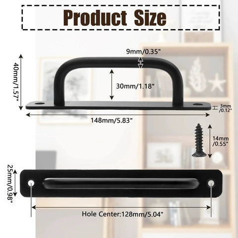 Black Barn Door Handle Set 2 Pack With 128mm Hole Center Sliding Cabinet Pulls, showing dimensions and screw detail.