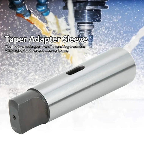 Side view: Taper reducing drill sleeve MT5 to MT2, precision-machined silver metal adapter.