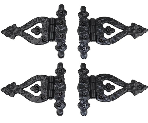Heavy Duty Cast Iron T Strap Barn Door Hinges 4 Pack 5.2 X 4.5 Inches Black for Wooden Fences and Farm Gates laid out in a set
