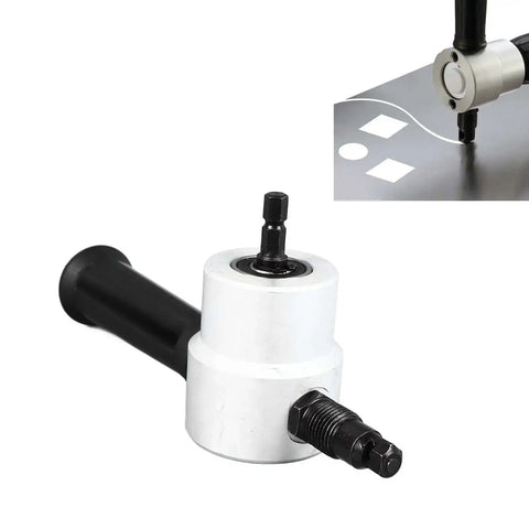 Dual Head Nibbler Attachment For Sheet Metal, 360 Degree Directional Cutting tool shown in use and close-up view