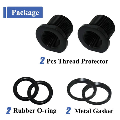Two Pack Thread Adapters And Rubber And Metal Washers Replacement Kit For One Half By Twenty Eight And Five Eighth By Twenty Four Threads Black steel adapters with washers