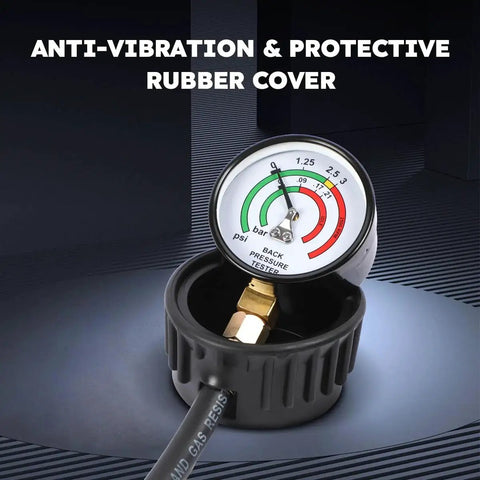 Back Pressure Exhaust Tester Kit With Carrying Case And 6 Foot Hose close-up of gauge with anti-vibration rubber cover