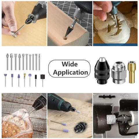Various uses of the 16Pcs Drill Chuck Collet Set With 0.5mm To 3.2mm Brass Collets, 3 Drill Chucks, 2 Wrenches for rotary tools