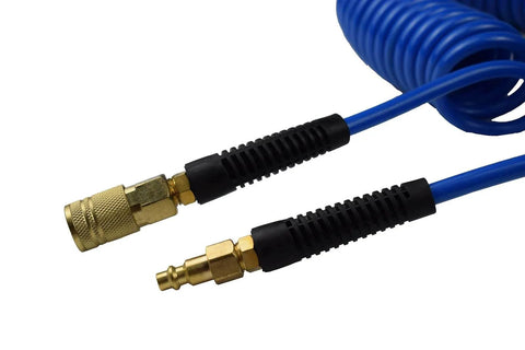 Polyurethane Recoil Air Hose One Quarter Inch Inner Diameter By Twenty Five Feet With Bend Restrictor And Industrial Quick Coupler And Plug Blue