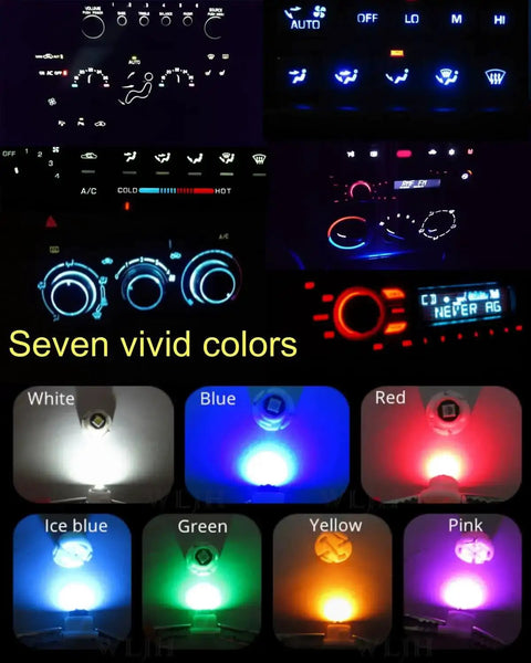 Seven vivid colors of LED bulbs including Ice Blue from 10 Pack Ultra Bright Ice Blue T3 Neo Wedge LED Bulbs With 8mm Base