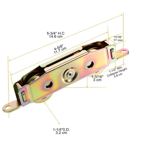Heavy-Duty Sliding Glass Door Rollers Kit With Ball Bearings For Smooth Movement Zinc Plated Iron Patio Rollers Replacement Universal Fit For Wood Vinyl Aluminum Frames Includes 1-1/4 Inch Steel Wheels 2 Pack close-up view with measurements