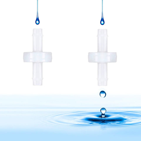 Amazon Mudder 1/4in PVDF check valves, white plastic, two valves shown