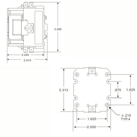 Technical drawing of Single Pole 24V Condenser Contactor Replacement For 30 Amp Systems with dimensions
