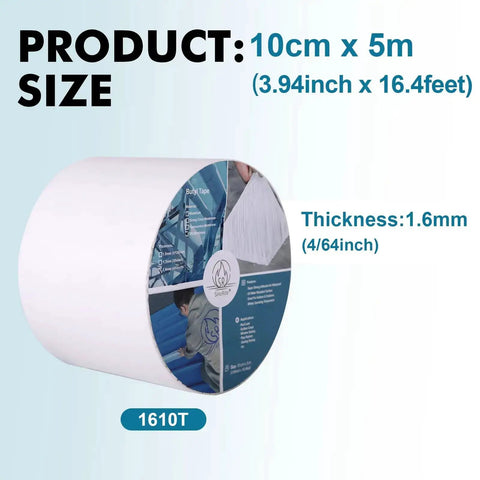 Roll of Outdoor Waterproof TPO Butyl Tape 3.94 Inch by 16.4 Feet by 1.6 mm, shown with size and thickness details.