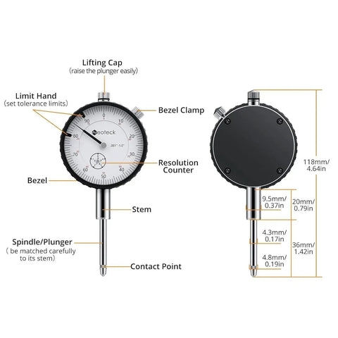 Front and side view of dial indicator from Dial Indicator Set With Magnetic Base Holder And Storage Case For Precision Measurement In 0 To 1 Inch Range 0.001 Inch Graduation 176 Lbs Max Pull For DIY 3D Printers Lathe CNC Machines And Woodworking Shops.