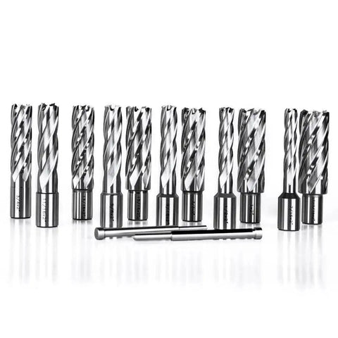 Heavy Duty Annular Cutter Set For Magnetic Drill Press With Two Inch Cutting Depth And Diameters From Seven Sixteenth To One And One Sixteenth Inches, Three Quarter Inch Weldon Shank, Includes Two Pilot Pins Oscarbide Thirteen Piece Kit on display.